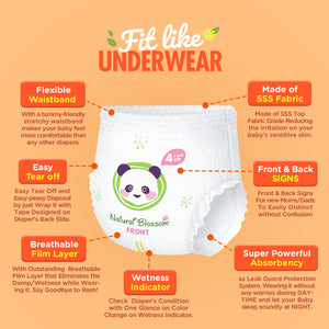 Natural Blossom Pull-On Baby Diapers | Ultra-Slim, Hypoallergenic, Super Soft, Vegan | Size 4 (2T-3T, 20-31 lbs) | 96 Count