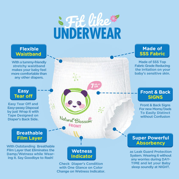 Natural Blossom Pull-On Baby Diapers | Ultra-Slim, Hypoallergenic, Super Soft, Vegan | Size 7 (5T-6T, 37 lbs and Over) | 72 Count